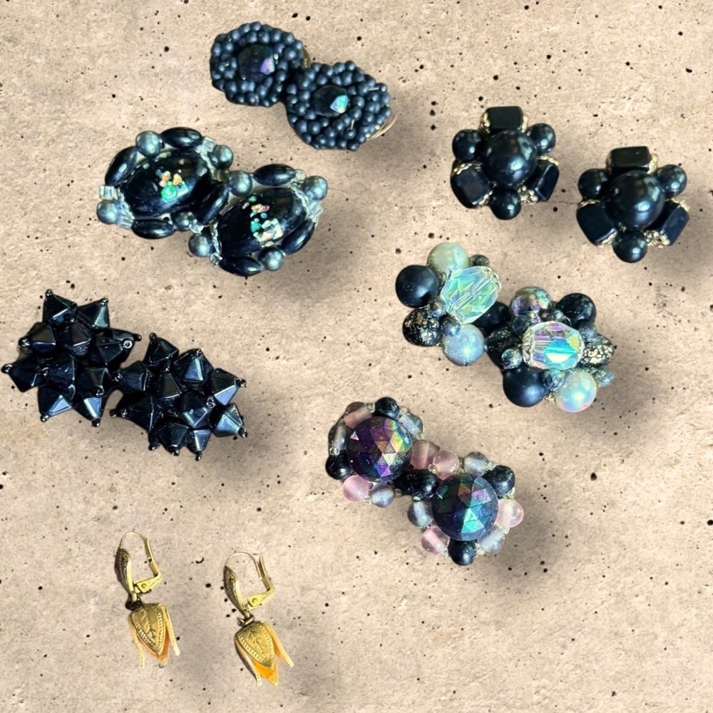 Seven 7 pairs vintage clip on estate earrings in blacks and grays marked Japan